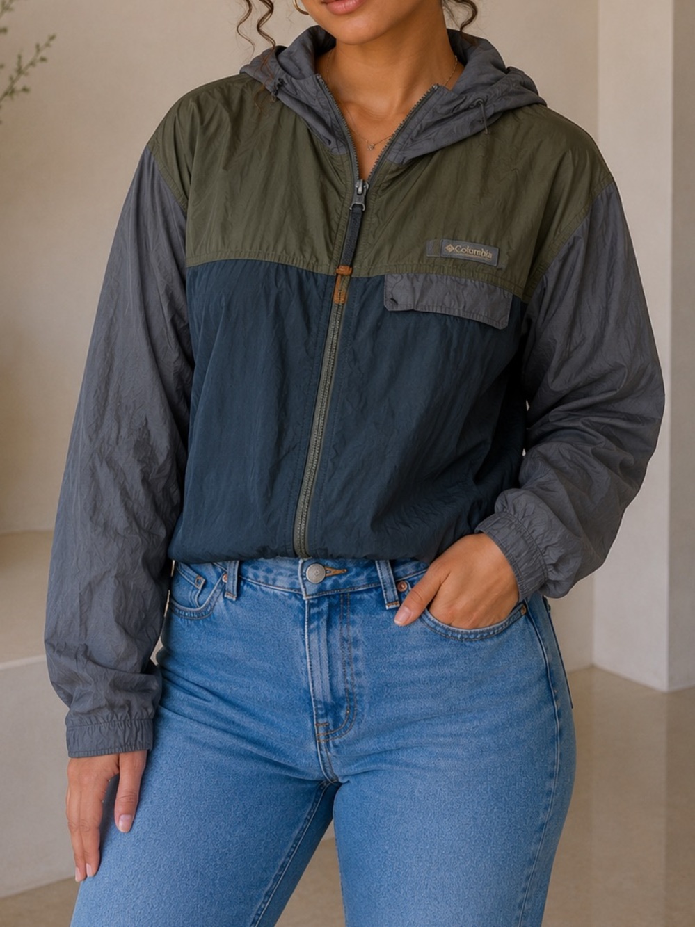 Columbia Hooded Windbreaker Jacket - Olive Green & Gray